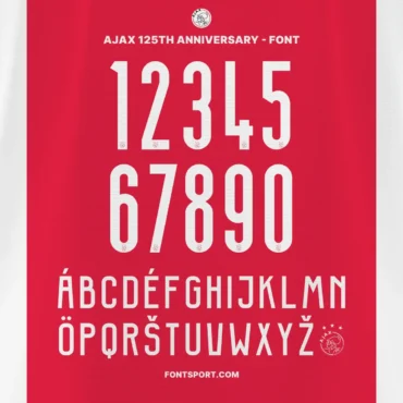Complete Ajax Font character set with numbers, multilingual letters, and embedded anniversary logo – ideal for merchandise