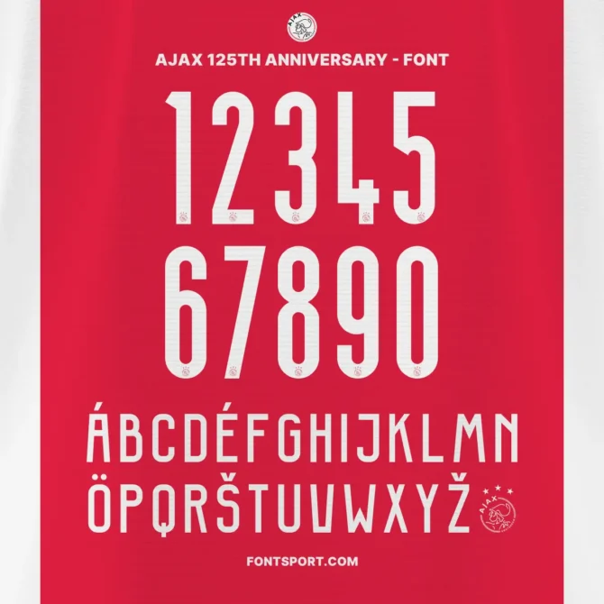 Complete Ajax Font character set with numbers, multilingual letters, and embedded anniversary logo – ideal for merchandise