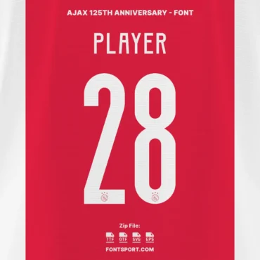 Preview of Ajax 125th Anniversary Font on red football jersey with number and player name – perfect for football jersey mockups
