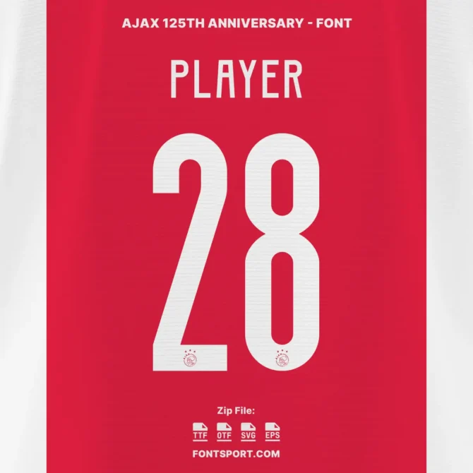 Preview of Ajax 125th Anniversary Font on red football jersey with number and player name – perfect for football jersey mockups