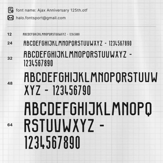 Preview of Ajax Anniversary 125th OTF typeface in various sizes and weights for football-themed projects