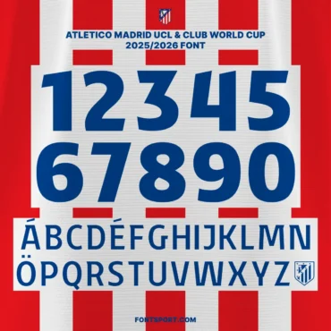 Atletico Madrid UCL and Club World Cup 2025/2026 Full Font Kit Preview – Official Typeface with Numbers 0–9 and Multilingual Uppercase A–Z for Fans and Designers.
