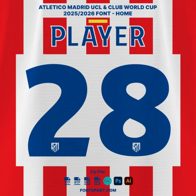 Atletico Madrid UCL and Club World Cup 2025/2026 Home Jersey Font Preview – Official La Liga Font with Bold Dark Blue Typeface and Number 28 Featuring Club Logo.