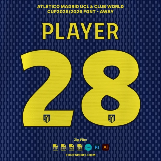 Atletico Madrid UCL and Club World Cup 2025/2026 Away Jersey Font Design – Authentic Font For Jersey with Number 29 in Yellow Colored Style on dark blue Background.