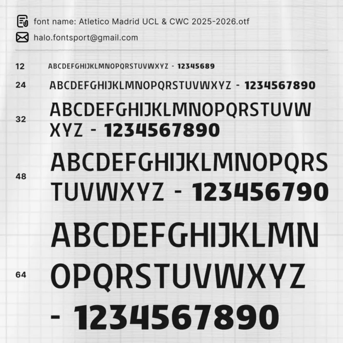 Atletico Madrid UCL and Club World Cup 2025/2026 Font Specimen Preview – Full Alphabet and Number Chart in La Liga Jersey Typeface.