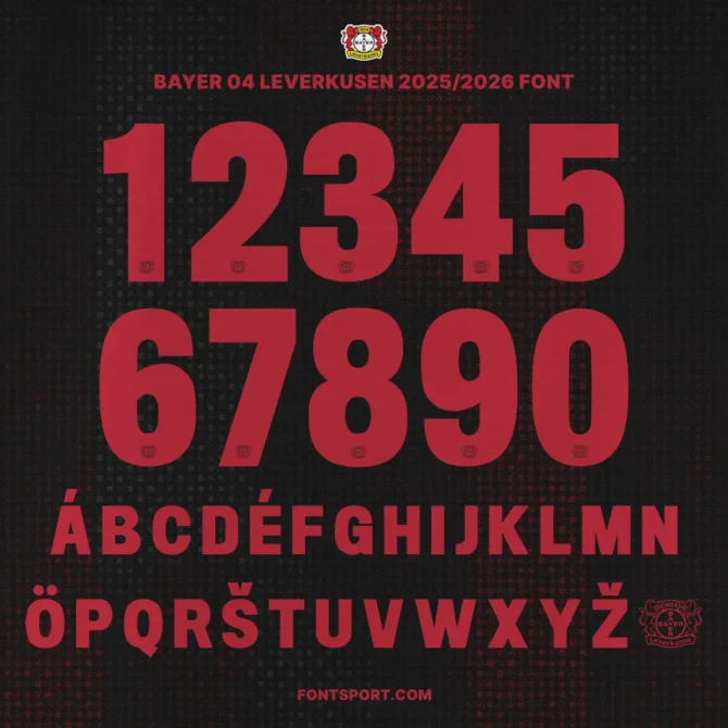 Bayer 04 Leverkusen 2025/2026 Font Full Character Set – Numbers 0–9 and uppercase alphabet with red glyphs and built-in club logo for design projects.
