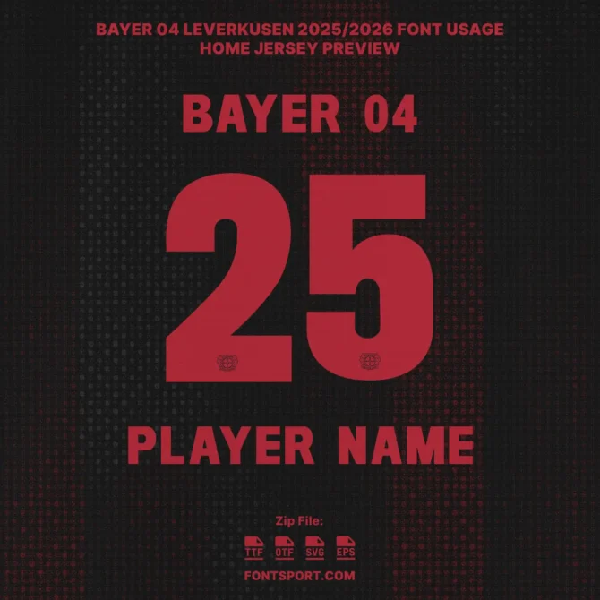 Bayer 04 Leverkusen 2025/2026 Home Jersey Font Preview – Bold number 25 and player name in red with club logo at the bottom, designed for football jersey mockups and merchandise.