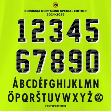 Preview of Borussia Dortmund Special Edition 2024–2025 jersey font kit including bold patterned numbers and multilingual letters – fontsport.com