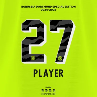 Number 27 player sample using Borussia Dortmund Special Edition 2024–2025 font with BVB logo on neon jersey background – fontsport.com