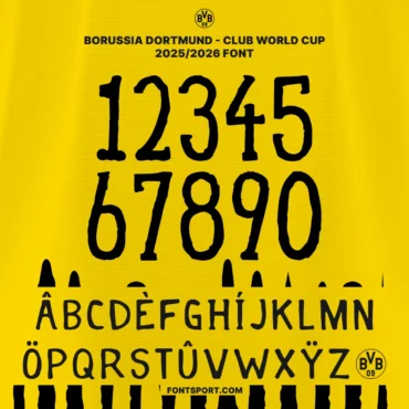 Borussia Dortmund Club World Cup 2025 Full Font Kit Preview – Official Typeface with Numbers 0–9 and Multilingual Uppercase A–Z for Fans and Designers.
