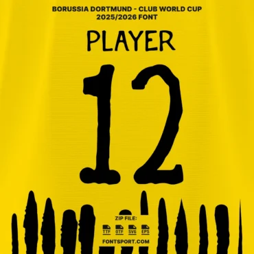 Borussia Dortmund Club World Cup 2025 Font used on jersey mockup with player number 12 and yellow black background jersey color display.