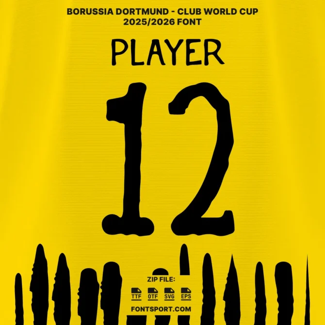 Borussia Dortmund Club World Cup 2025 Font used on jersey mockup with player number 12 and yellow black background jersey color display.