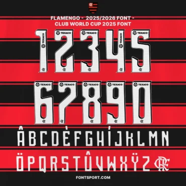 Flamengo 2025/2026 and Club World Cup 2025 Full Font Kit Preview – Official Typeface with Numbers 0–9 and Multilingual Uppercase A–Z for Fans and Designers.