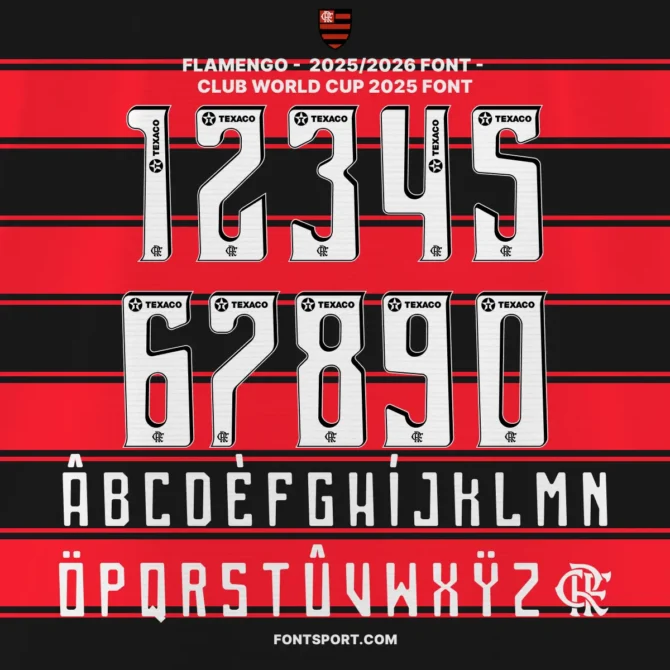 Flamengo 2025/2026 and Club World Cup 2025 Full Font Kit Preview – Official Typeface with Numbers 0–9 and Multilingual Uppercase A–Z for Fans and Designers.