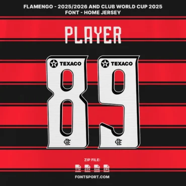 Flamengo 2025/2026 and Club World Cup 2025 Home Jersey Font Preview – CONMEBOL Font with text font player - Bold White and background home jersey black red stripes.