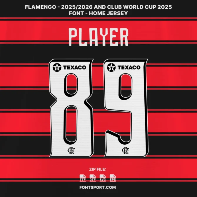 Flamengo 2025/2026 and Club World Cup 2025 Home Jersey Font Preview – CONMEBOL Font with text font player - Bold White and background home jersey black red stripes.