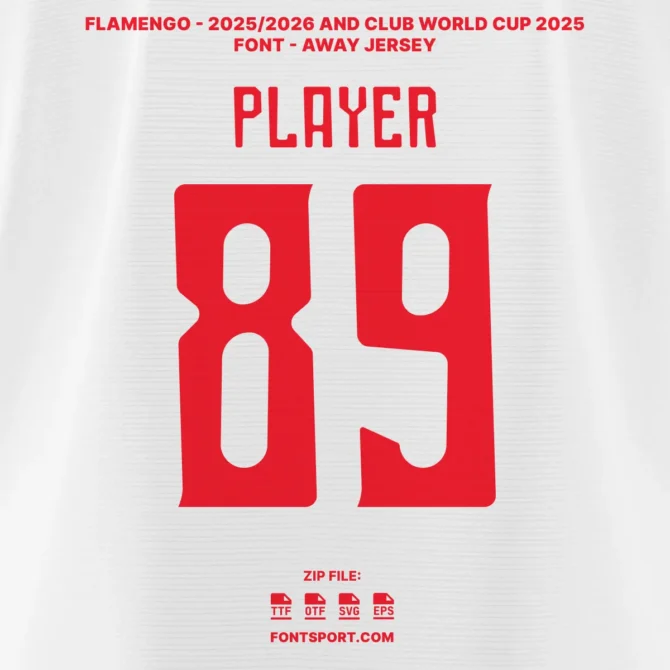 Flamengo 2025/2026 and Club World Cup 2025 Home Jersey Font Preview – CONMEBOL Font with text font player - Bold Red and background away jersey white.
