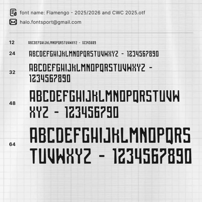 Flamengo 2025/2026 and Club World Cup 2025 Font Specimen Preview – Full Alphabet and Number Chart in La Liga Jersey Typeface.