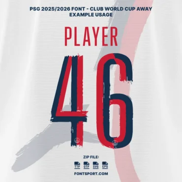 PSG Club World Cup Away 2025/2026 Font used on jersey mockup with two-tone style for player number display.