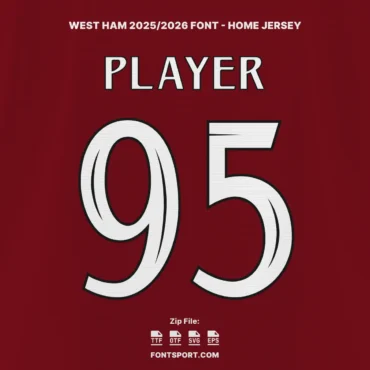 West Ham 2025/2026 Home Jersey Font – Number 95 preview with maroon background.