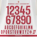 AS Monaco 2025/2026 official Ligue 1 font kit – full alphabet A–Z and numbers 0–9 in red lettering with Monaco crest and Ligue 1 logo detail.