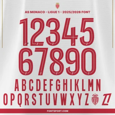 AS Monaco 2025/2026 official Ligue 1 font kit – full alphabet A–Z and numbers 0–9 in red lettering with Monaco crest and Ligue 1 logo detail.