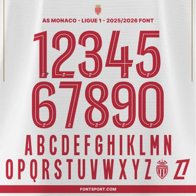 AS Monaco 2025/2026 official Ligue 1 font kit – full alphabet A–Z and numbers 0–9 in red lettering with Monaco crest and Ligue 1 logo detail.