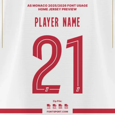 AS Monaco 2025/2026 home jersey preview showcasing official font kit with red numbers and player name typography.
