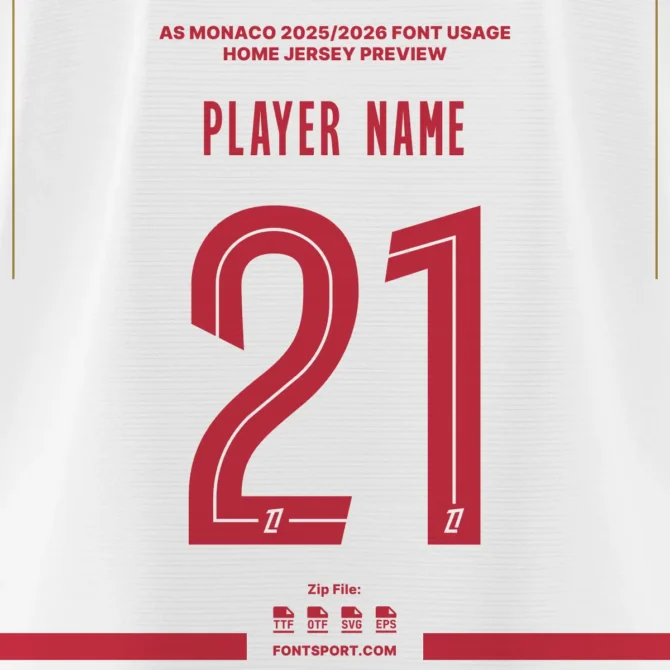 AS Monaco 2025/2026 home jersey preview showcasing official font kit with red numbers and player name typography.