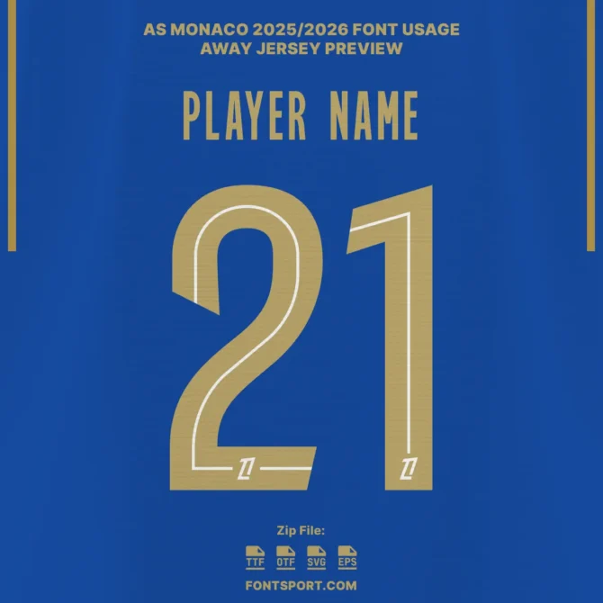 AS Monaco 2025/2026 away jersey preview with gold number font and blue kit background – official Ligue 1 typeface.