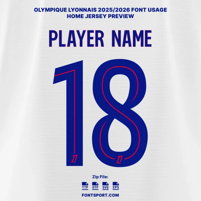 Olympique Lyonnais 2025/2026 Ligue 1 Home Jersey Font Preview – Official jersey lettering and numbering in blue with red outline, available in OTF, TTF, SVG, and EPS formats from Fontsport.com.