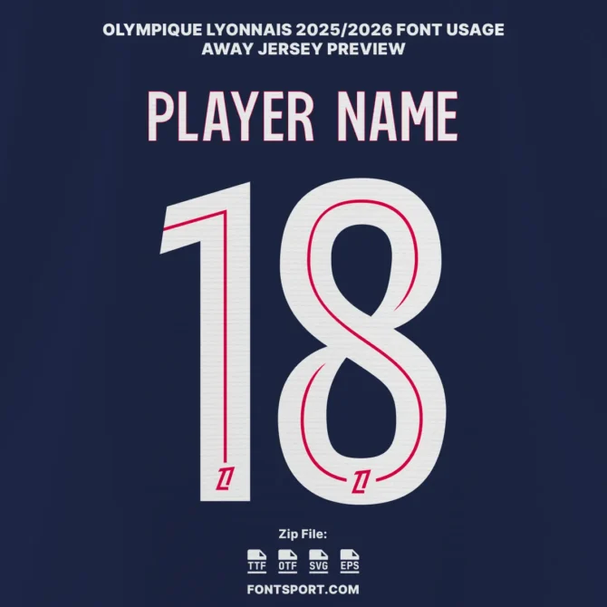 Olympique Lyonnais 2025/2026 Ligue 1 Away Jersey Font Preview – White number and name set with red outline on navy background, available for download from Fontsport.com.
