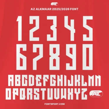 Az Alkmaar 2025/2026 Eredivisie font full alphabet and numbers preview in bold black outline on red background – includes multilingual characters and official AZ Alkmaar.