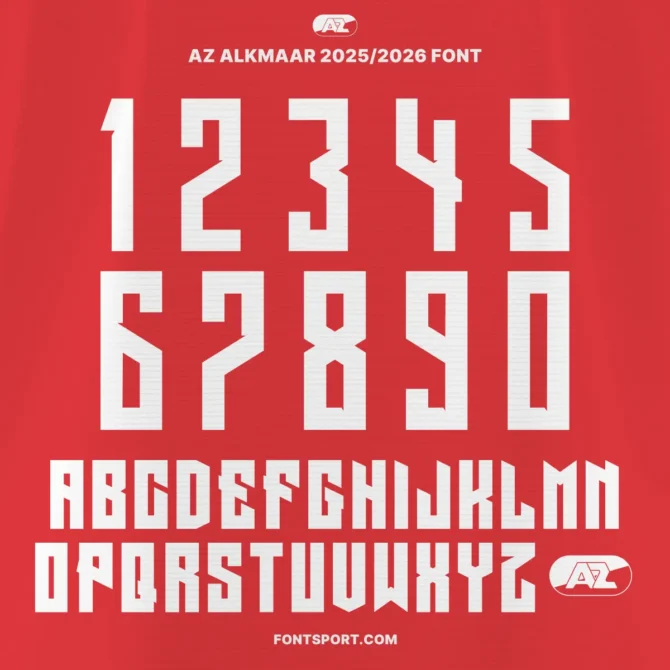 Az Alkmaar 2025/2026 Eredivisie font full alphabet and numbers preview in bold black outline on red background – includes multilingual characters and official AZ Alkmaar.