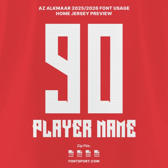 AZ Alkmaar 2025/2026 Eredivisie font applied on home jersey preview with player name and number in bold outlined style with AZ Alkmaar logo.
