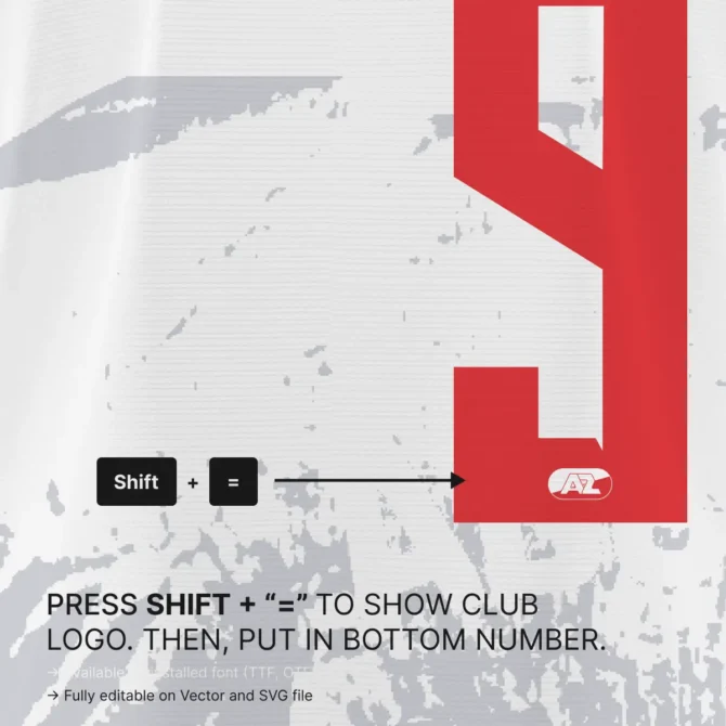 Close-up guide for AZ Alkmaar 2025/2026 Eredivisie font showing how to insert AZ Alkmaar logo into numbers using Shift plus equal key shortcut.