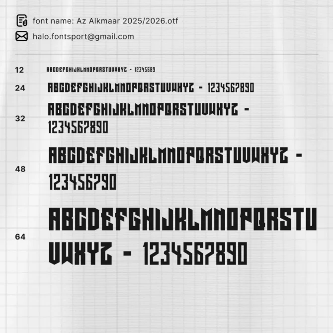 AZ Alkmaar 2025/2026 font weight and size variations – full uppercase alphabet and numbers in multiple styles for jersey customization.