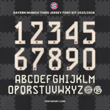 Bayern Munich Third Jersey Font Kit 2025/2026 – Official Bundesliga & UEFA Champions League typeface featuring numbers and uppercase letters with special third jersey logo. Includes OTF, TTF, SVG, and vector formats – perfect for jersey mockups, sports graphics, and fan merchandise.