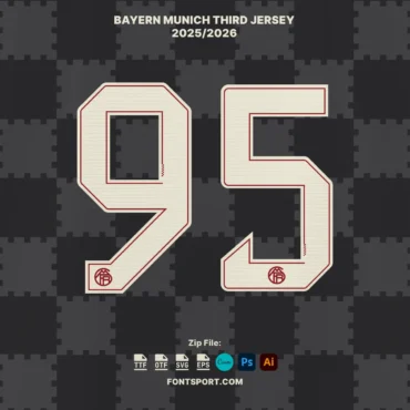 Official Bayern Munich 2025/2026 Third Jersey numbers preview – Bundesliga & UCL font design in cream with red outline and integrated club logo. Downloadable in OTF, TTF, SVG, EPS formats for professional sports design projects.