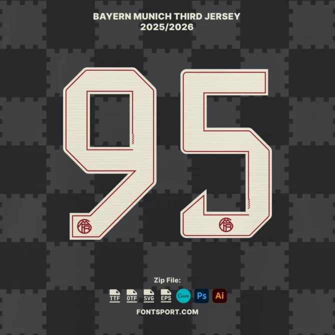 Official Bayern Munich 2025/2026 Third Jersey numbers preview – Bundesliga & UCL font design in cream with red outline and integrated club logo. Downloadable in OTF, TTF, SVG, EPS formats for professional sports design projects.