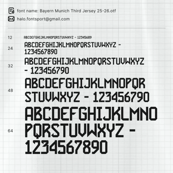 Full character set of Bayern Munich Third Jersey Font 2025/2026 – uppercase letters A-Z, numbers 0-9, and multilingual support. Official Bundesliga & UCL typeface in OTF, TTF, SVG, and EPS formats.