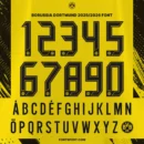 Borussia Dortmund 2025/2026 Bundesliga font full alphabet and numbers preview in bold black outline on yellow background – includes multilingual characters and official BVB logo.