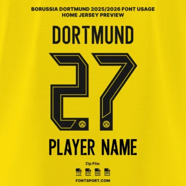 Borussia Dortmund 2025/2026 Bundesliga font applied on home jersey preview with player name and number in bold outlined style with BVB logo.