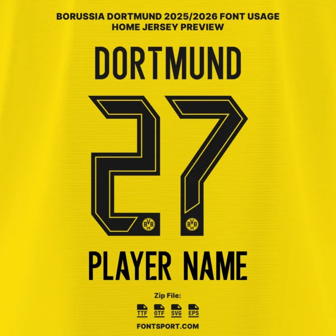 Borussia Dortmund 2025/2026 Bundesliga font applied on home jersey preview with player name and number in bold outlined style with BVB logo.
