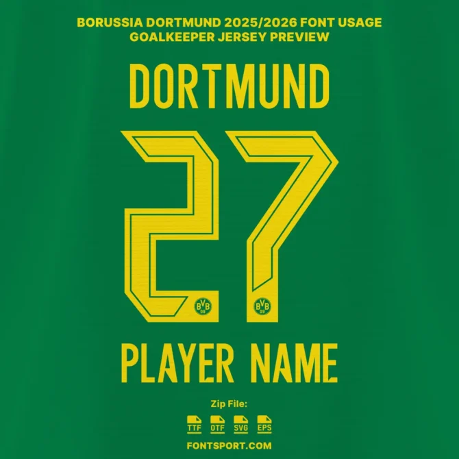 Borussia Dortmund 2025/2026 Bundesliga goalkeeper jersey font preview featuring yellow outlined numbers on green kit with player name and official BVB logo.