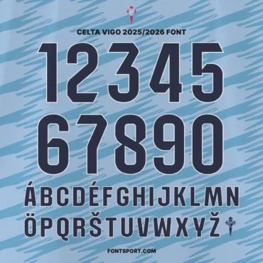 Celta Vigo 2025/2026 La Liga jersey font kit – numbers 0-9 and uppercase multilingual alphabet in official club style, available on Fontsport.com