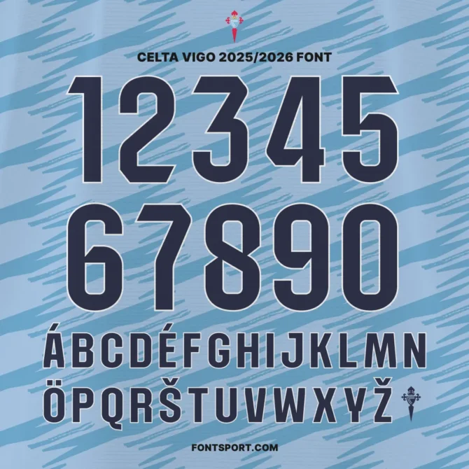Celta Vigo 2025/2026 La Liga jersey font kit – numbers 0-9 and uppercase multilingual alphabet in official club style, available on Fontsport.com