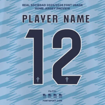 Celta Vigo 2025/2026 La Liga home jersey font preview – player name and number style with official club logo, downloadable in OTF, TTF, SVG, and EPS.