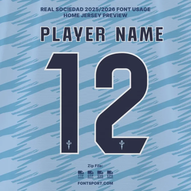 Celta Vigo 2025/2026 La Liga home jersey font preview – player name and number style with official club logo, downloadable in OTF, TTF, SVG, and EPS.
