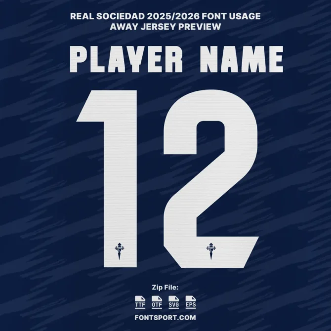 Celta Vigo 2025/2026 La Liga away jersey font preview – bold white player number and name design with club crest, available in multiple file formats.